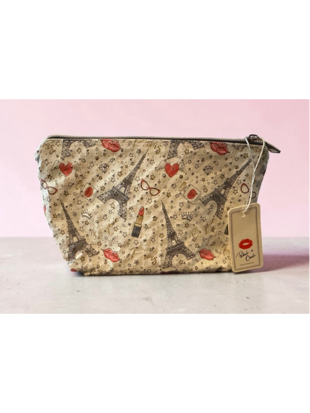 Blush Crush Beige Red Paris Print Cosmetic Bag - New with Tags